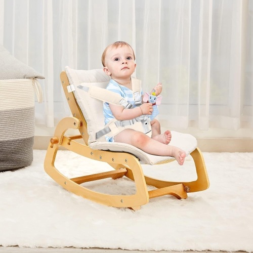 MallBest 3-in-1 Baby Bouncer Adjustable Wooden Rocker Chair Recliner with Removable Cushion and Seat Belt for Infant to Toddler (Beige) - Lot 2246