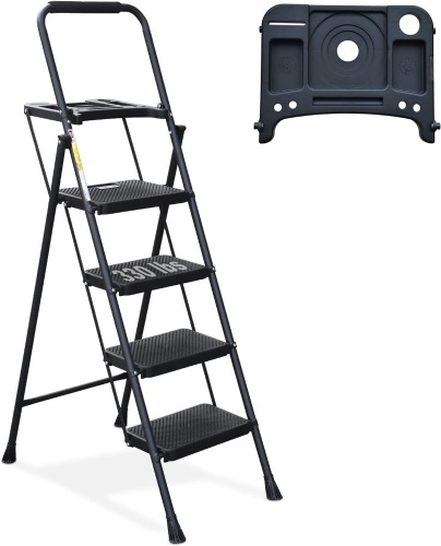 4 Step Ladder, HBTower Folding Step Stool with Tool Platform, Wide Anti-Slip Pedal, Sturdy Steel Ladder, Convenient Handgrip, Lightweight 330lbs Portable Steel Step Stool, Black - Lot 2276