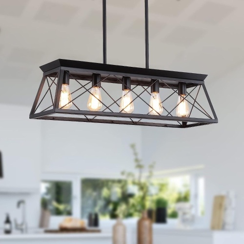 XIPUDA Farmhouse Chandeliers for Dining Room, Rustic Kitchen Island Light Fixture, 5-Light Linear Pendant Lighting Rectangular Chandelier, Metal Solid Ceiling Lights Black - Lot 2278