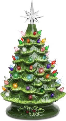Best Choice Products 15in Ceramic Christmas Tree, Pre-lit Hand-Painted Tabletop Holiday Decoration w/Power Cord, 2 Star Toppers, 64 Multicolored Bulbs - Lot 2491