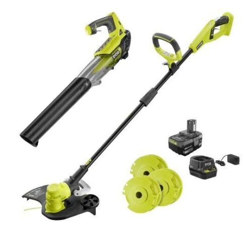 RYOBI ONE+ 18V Cordless String Trimmer/Edger and Blower with Extra 3-Pack of Spools, 4.0 Ah Battery and Charger - Lot 103