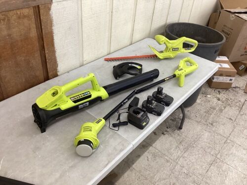 RYOBI ONE+ 18V Cordless Battery String Trimmer/Edger, Hedge Trimmer, Blower w/ (2) 2.0 Ah Batteries and Charger - String Trimmer Doesn't Connect Properly in Middle  - Lot 131