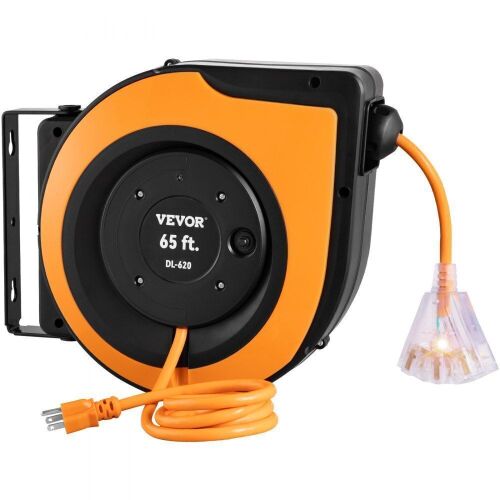 VEVOR Retractable Extension Cord Reel, 65 FT, Heavy Duty 12AWG/3C SJTOW Power Cord, with Lighted Triple Tap Outlet, 15 Amp Circuit Breaker, 180° Swivel Bracket for Ceiling or Wall Mount, UL Listed - Lot 170