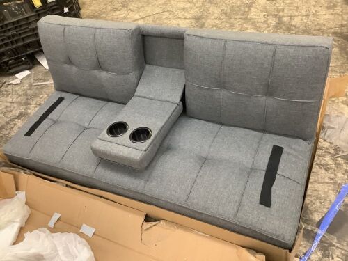 Linen Upholstered Convertible Sofa Bed Futon w/ 2 Cupholders - Needs Screws for 2 Legs - Lot 176
