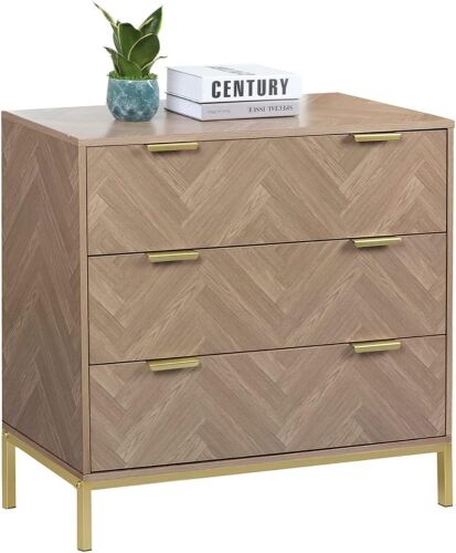 Anmytek Mid Century Modern 3 Drawer Chest Dresser, Natural Oak with Gold Metal Legs - Lot 236