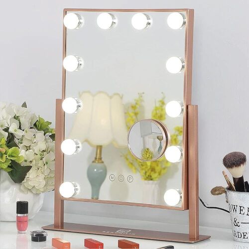 FENCHILIN Lighted Makeup Mirror with Light Smart Touch Control 3Colors Dimmable 10X Magnification 360°Rotation - Lot 186