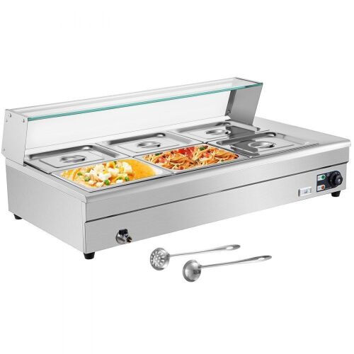 VEVOR 110V Bain Marie Food Warmer 6 Pan x 1/2 GN, 6-Inch Deep, 1500W, 66 Quart with Tempered Glass Shield - Lot 80