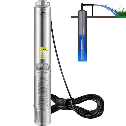 VEVOR 4" Stainless Steel Deep Well Submersible Pump, 1HP 230V/60Hz, 37gpm Flow 207ft Head, with 33ft Electric Cord - Lot 371