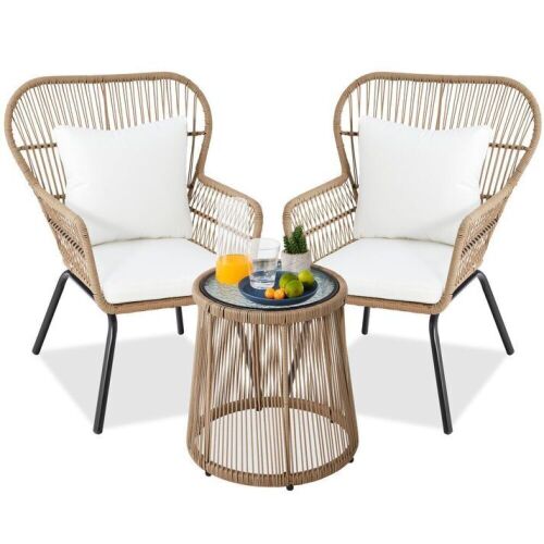 3-Piece Patio Wicker Conversation Bistro Set w/ 2 Chairs, Glass Top Table - Damage to One Chair  - Lot 378
