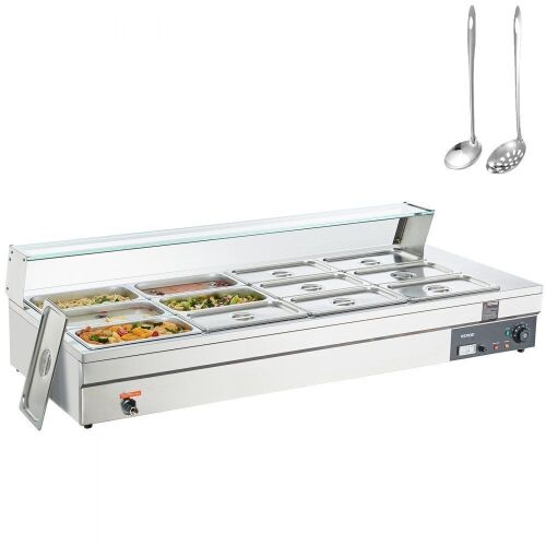 VEVOR 12-Pan 8QT Electric Steam Table with Tempered Glass Cover, 1800W - Small Chip in Glass Panel - Lot 21