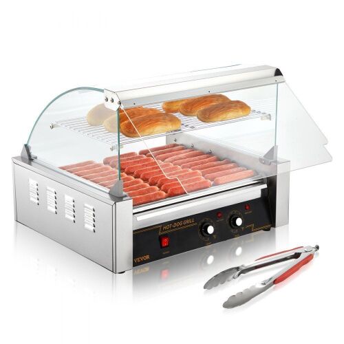 VEVOR 1650W Stainless Sausage Grill Cooker with Dual Temp Control, Glass Hood, Acrylic Cover, Bun Warmer Shelf, Removable Drip Tray, 11 Rollers 30 Hot Dogs Capacity - Lot 65