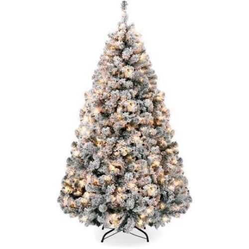 7.5' Pre-Lit Snow Flocked Artificial Pine Christmas Tree w/ Warm White Lights  - Lot 470