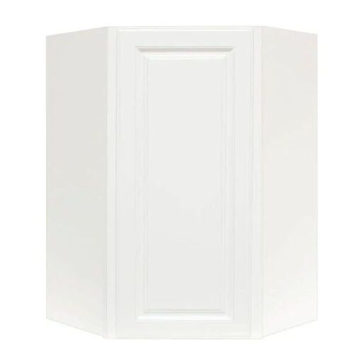 Hampton Bay Assembled 24x36x12 in. Diagonal Corner Wall Kitchen Cabinet in Satin White - Lot 469