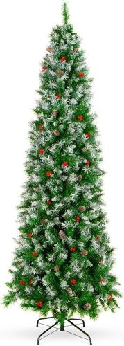 6ft Pre-Decorated Pine Hinged Artificial Slim Christmas Pencil Tree w/ 618 Flocked Frosted Tips, 30 Pine Cones, 34 Berries, Metal Base - Lot 547