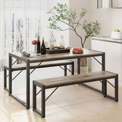 Dining Table Set for 4 with 2 Benches, Grey  - Lot 47
