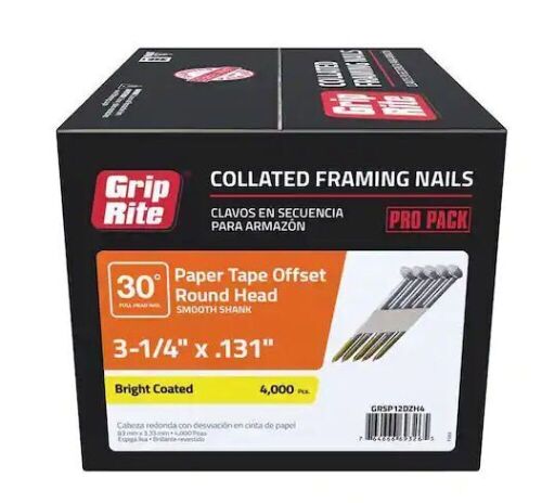 Grip-Rite 3-1/4 in. x 0.131 in 30° Paper Bright Coated Smooth Shank Round Head Nails (4,000 - Per Box) - Lot 641