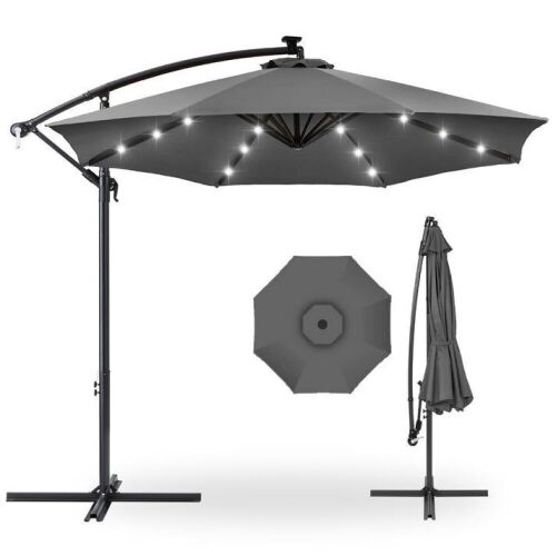 Solar LED Offset Hanging Patio Umbrella w/ Crank Tilt Adjustment - 10ft  - Lot 652