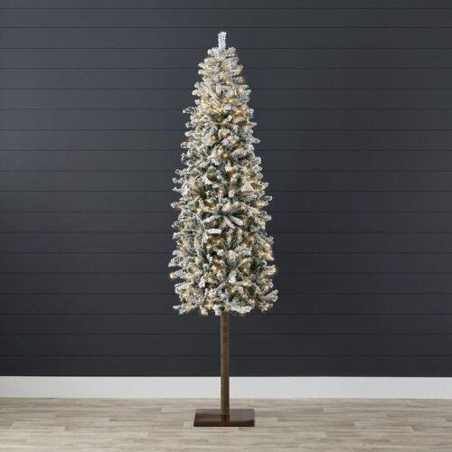 7.5' Pre-Lit Snow Flocked Alpine Slim Pencil Christmas Tree w/ LED Lights, Stand  - Lot 655