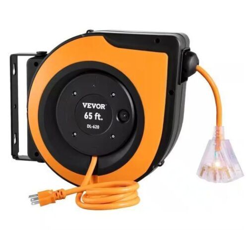 VEVOR Extension Cord Reel 65 ft. 15 Amp Heavy Duty Power Cord 12AWG/3C with Triple Tap Outlet for Ceiling or Wall Mount, Black - Lot 661