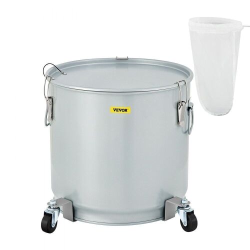 VEVOR 8 Gal Coated Carbon Steel Oil Filter Pot with Caster Base, with Lid Lock Clip Nylon Filter Bag, Silver - Lot 668