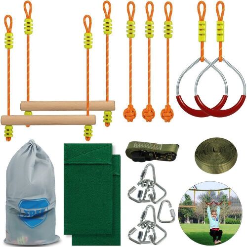 VEVOR Ninja Warrior Obstacle Course for Kids, 36FT Ninja Line Slackline with Gym Rings, Monkey Bars, Rope Knots - Lot 718