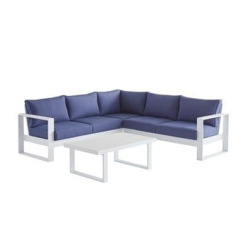 Pier1 Aluminum Outdoor Sectional Lounge Set in White with Navy Cushions. Appears New - Lot 16