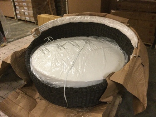 Pier1 Large Round Wicker Cuddler Chair with Retractable Canopy in Java. 48" Diameter Cushion. Appears New - Lot 26