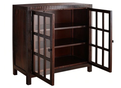 Pier1 Parsons Tobacco Brown Small Glass-Door Buffet. New with Small Crack in Wood. SEE PICTURES - Lot 31