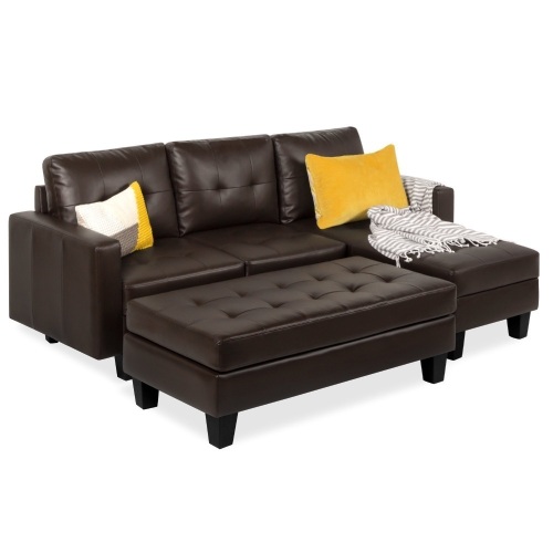 L-Shape Customizable Faux Leather Sofa Set w/ Ottoman Bench - Brown. Appears New - Lot 44