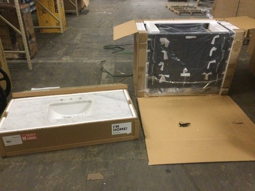 48" Midnight Blue Bathroom Vanity with Brushed Brass Handles and Cararra Marble Top. NEW - Lot 53