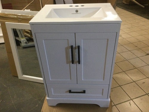 Style Selections Savannah 24-in White Single Sink Bathroom Vanity with White Porcelain Top (Mirror Included). Store Return Item with Some Touch-Up Paint on the Bottom. Appears Unused - Lot 76