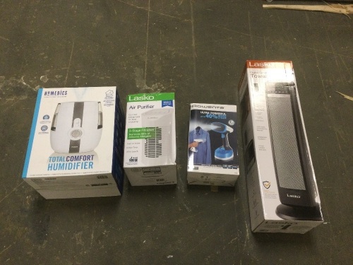 Lasko Heater, Lasko Air Purifier, Rowenta Handheld Steamer, and Homedics Humidifier. Untested E-Commerce Returns - Lot 239