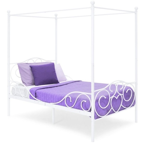 Classic 4-Post Metal Canopy Twin Bed Frame w/ Scroll Design, 79.5" x 42" x 72", White - Appears New  - Lot 350