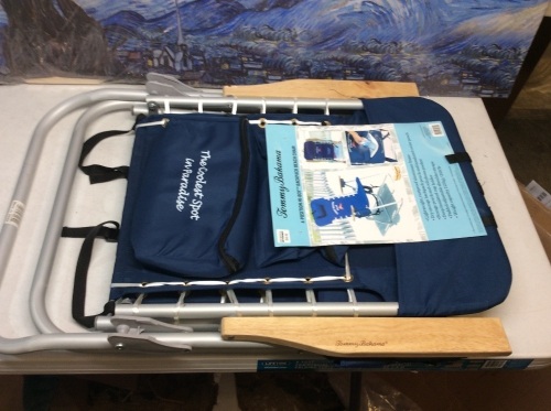 Tommy Bahama 4-Position Hi-Boy Backback Beach Chair. Navy. Appears New - Lot 453