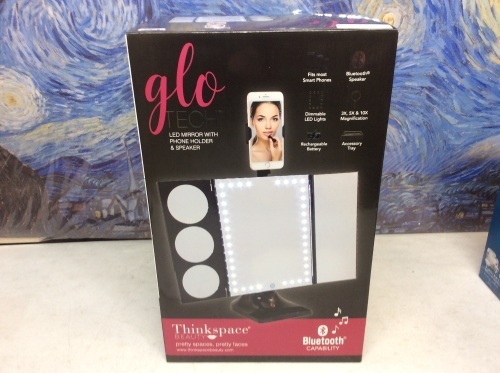 GloTech Bluetooth 1x/3x/5x/10x LED Vanity Makeup Mirror with Phone Holder in Black. Appears New - Lot 457