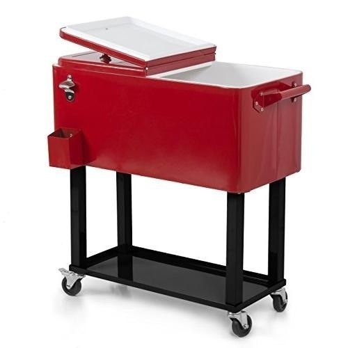 ARKSEN Rolling Ice Chest Portable Patio Drink Party Cooler Cart, 80-Quart, Red - Lot 487