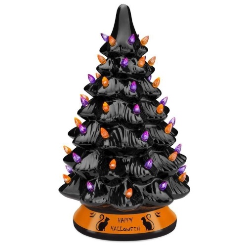 Pre-Lit 15in Ceramic Halloween Tree w/ Orange & Purple Bulb Lights. Appears New - Lot 499