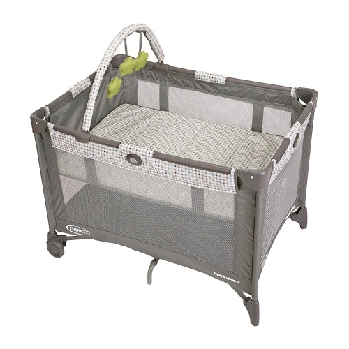 Graco Pack and Play On the Go Playard | Includes Full-Size Infant Bassinet, Push Button Compact Fold, Pasadena. Appears New - Lot 500