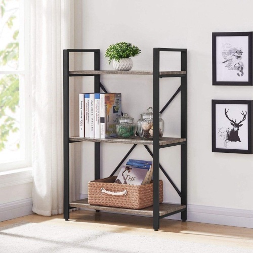BON AUGURE Small Bookshelf and Bookcase, 3 Tier Industrial Shelves for Bedroom, Rustic Etagere Bookcases (Dark Gray Oak). Appears New - Lot 505