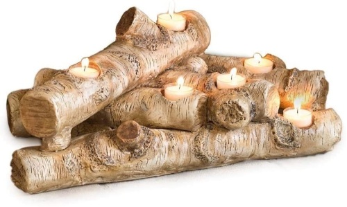 Plow & Hearth Faux Wood Resin Logs Tea Lights Candle Holder, Birch. Appears New - Lot 529