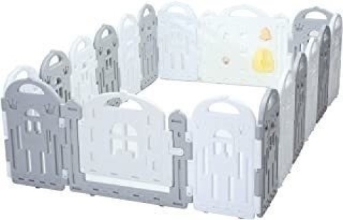 Gray and White Plastic Castle Playpen, 16 Panels & 2 Gates, Uknown Size - Appears New  - Lot 606