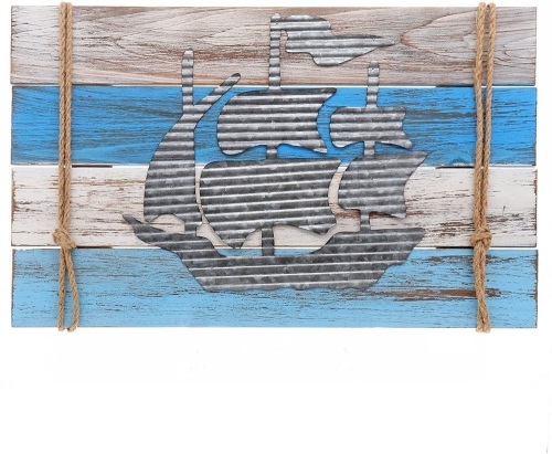 Lot of (37) Barnyard Designs Nautical Wooden Plaque with Sailor Rope and Corrugated Sheet Metal Sailboat Cutout, 22" x 14" - Appear New  - Lot 612