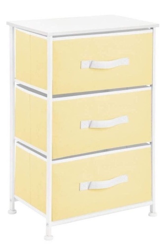 mDesign 3 Drawer Storage Tower, White w/ Yellow Fabric Bins,  12" x 17.75" x 28.75" H - Appears New  - Lot 640