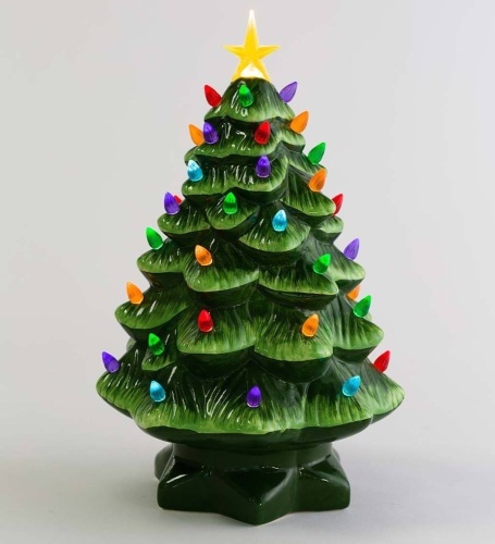Plow and Hearth 14" Indoor/Outdoor Battery-Operated Lighted Ceramic Christmas Tree, Green - Appears New  - Lot 673