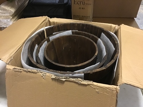 Set of 3 Rustic Wood Bucket Barrel Garden Planters Set w/ Drainage Holes. New with Damage on One - Lot 693