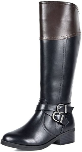 TOETOS Women's Knee High Riding Boots Wide Calf, Black/Brown Jordan, Size 6 - Appear New in Damaged Box - Lot 725