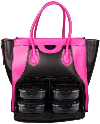 6 Pack Fitness Victoria Elite Leather Tote with Insulated Meal Management System, Includes 4 Sure Seal Containers, 8" x 14" x 14" - Appears New  - Lot 732