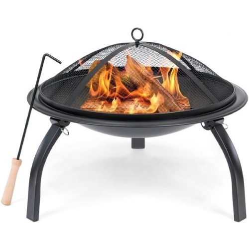 22in Fire Pit Bowl w/ Mesh Cover, Poker. Appears New - Lot 837
