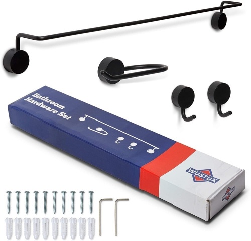 Wustux Bathroom Hardware Set, 29" Towel Bar, Toilet Paper Holder, & 2 Robe Hooks, Matte Black - Appears New  - Lot 3148