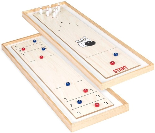 2-in-1 2-Player 45in Shuffleboard and Bowling Tabletop Board Game Set w/ 8 Rollers, 12 Bowling Pins - Appears New   - Lot 146